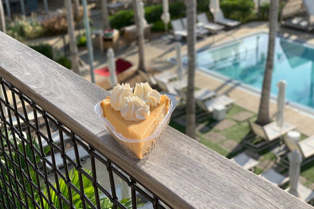 mango key lime pie on balcony overlooking pool