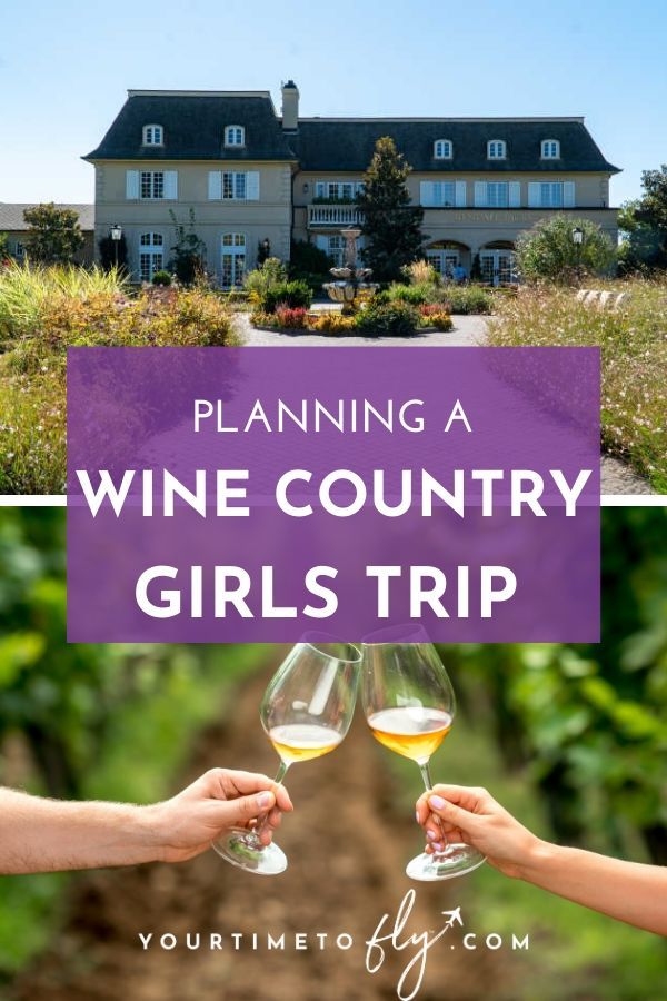 Planning a wine country girls trip - Kendall Jackson estate and two hands holding wine glasses in the vineyard
