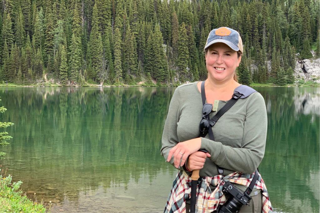 woman hiker holding trekking pole at Chester Lake AB