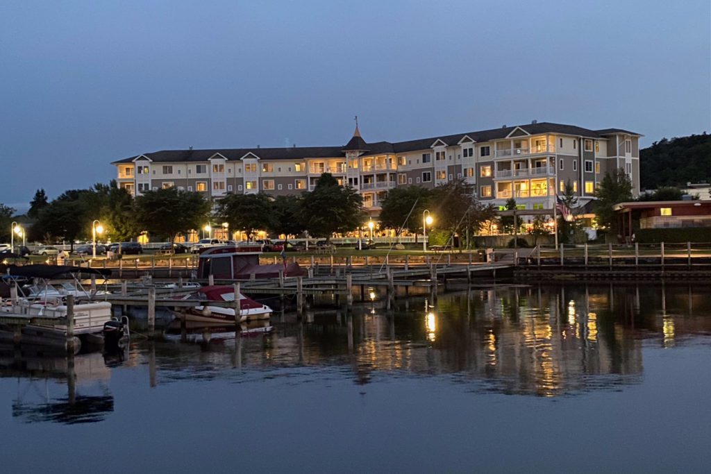 Watkins Glen Harbor Hotel from the water at night