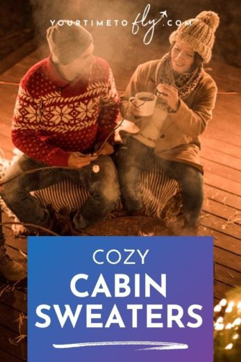 Cozy cabin sweaters with a couple sitting by an outdoor fire