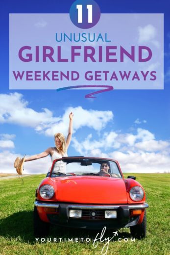 11 unusual girlfriend weekend getaways with a girl standing up in a red convertible car sitting in a field