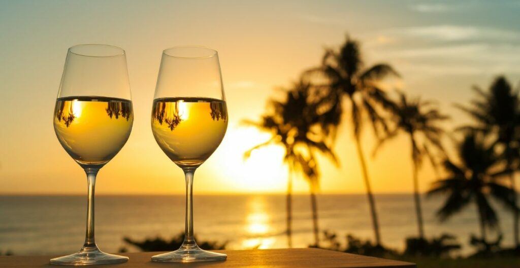 two wine glasses overlooking sunset over water and palm trees with reflection of trees in the wine