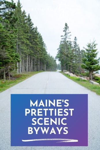 Maine's prettiest scenic byways with picture of a road through pine trees