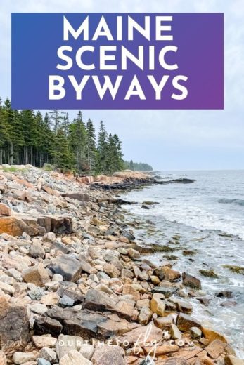 Maine scenic byways with photo of a rocky coast with pine trees