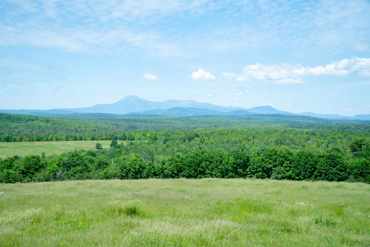 View of mountains from scenic overlook on the Katahdin Woods & Waters National Scenic Byway