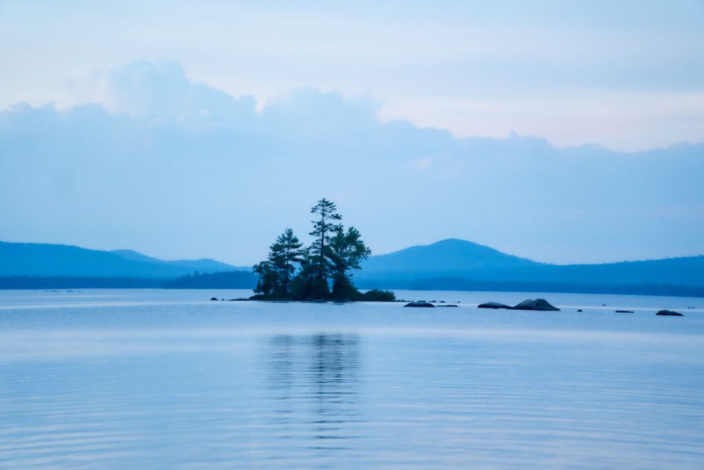 island with pine tree in Millinocket Lake at dusk