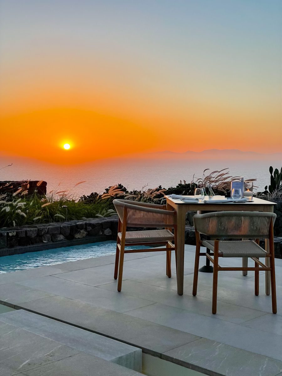 Dining table at Elements restaurant at sunset