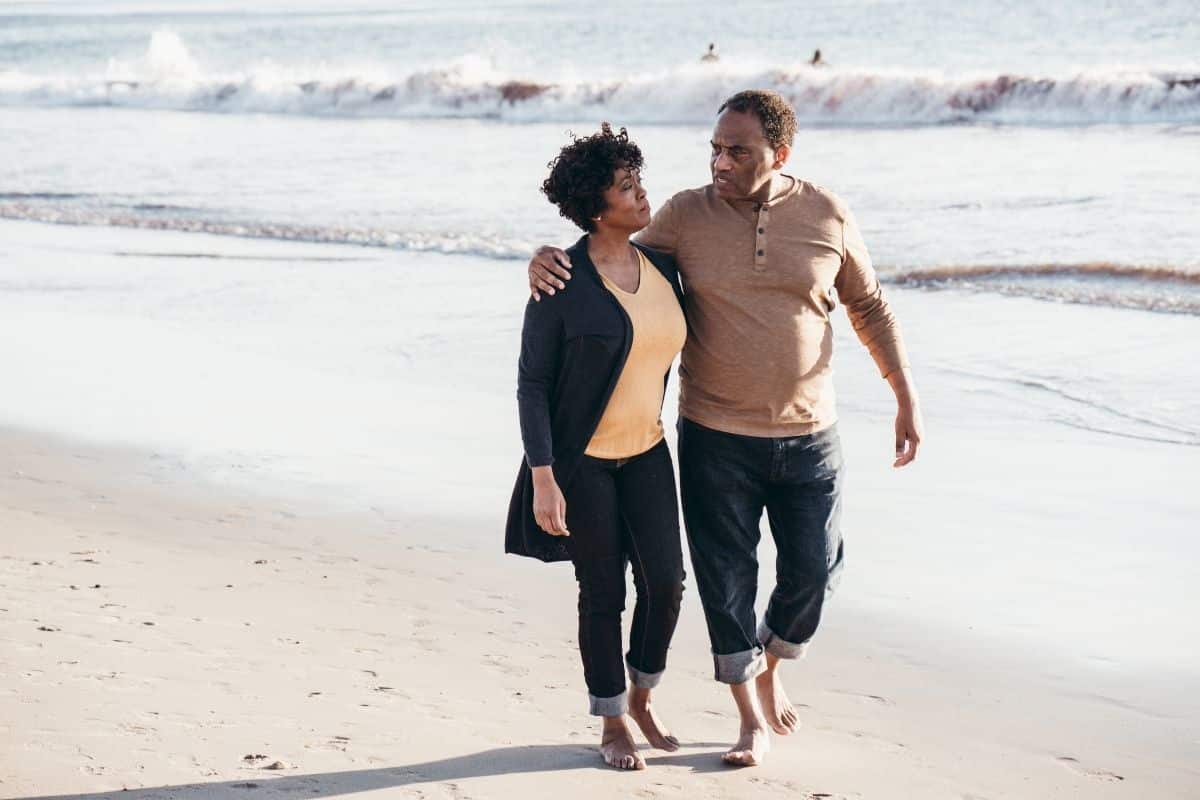 Black couple walking on the beach in California from Canva