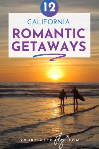 12 California Romantic Getaways with a couple holding surfboards on the beach at sunset