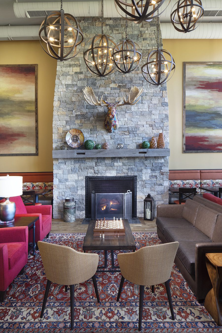 The Glen House lobby fireplace and chairs