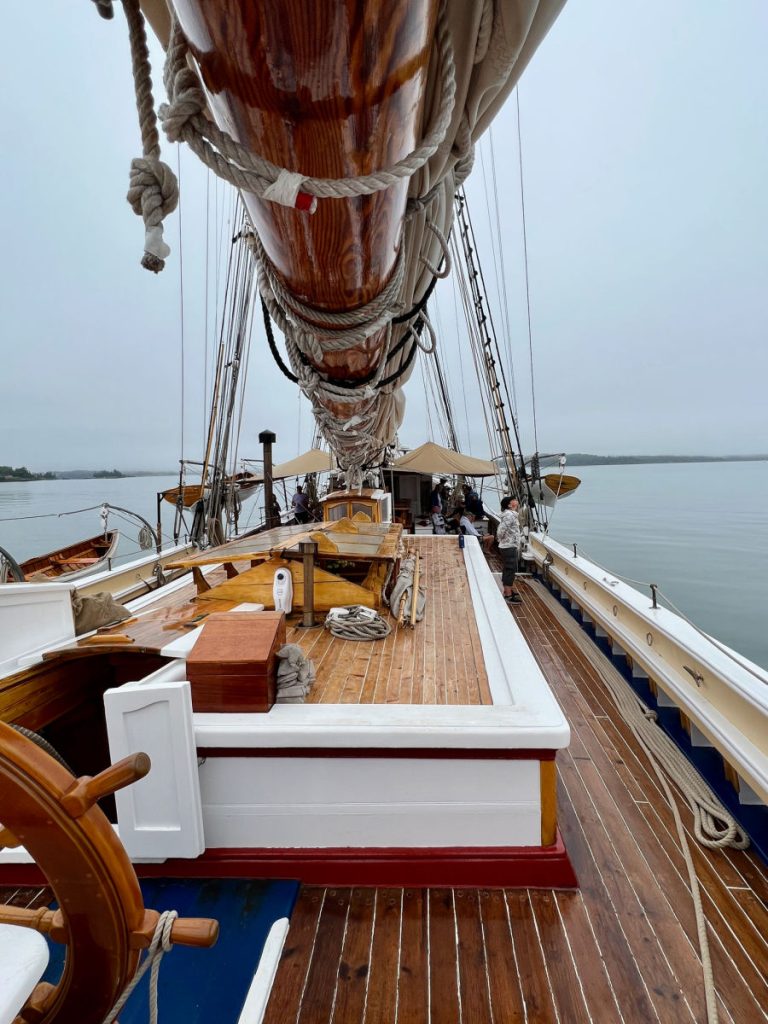 Decks of the schooner heritage on a misty morning