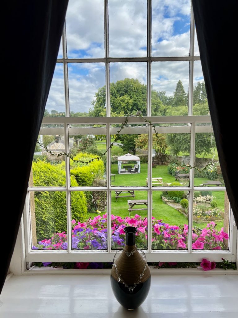View of the Simonburn Tea Room gardens from the bedroom