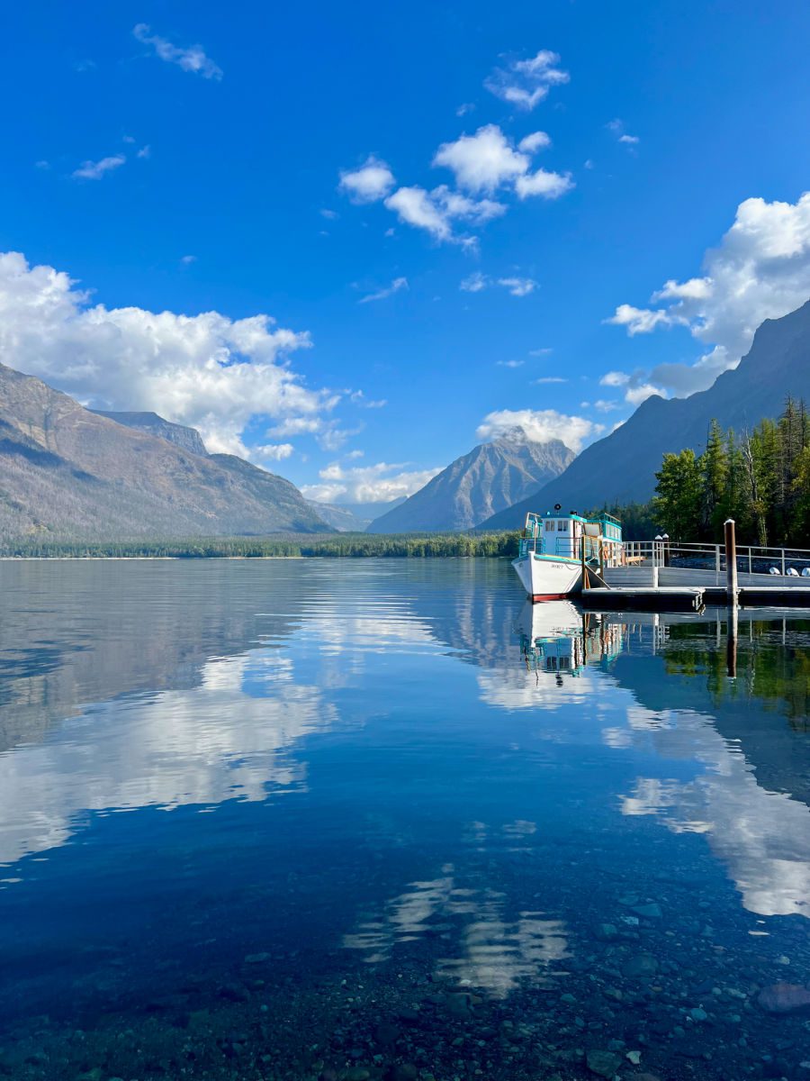 Lake McDonald in Glacier National Park with boat on the lake