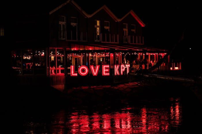 LOVE KPT sign in Kennebunkport lit up red