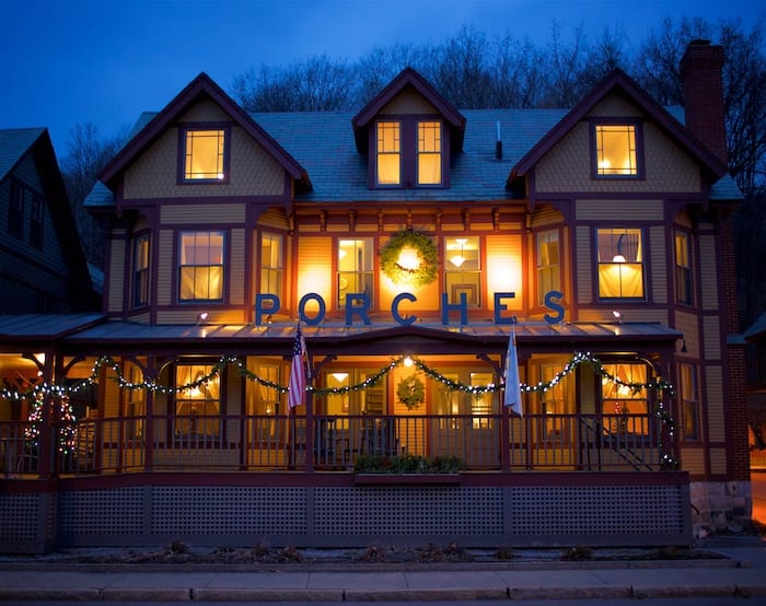 exterior of the Porches Inn at Mass MOCA at night in the winter