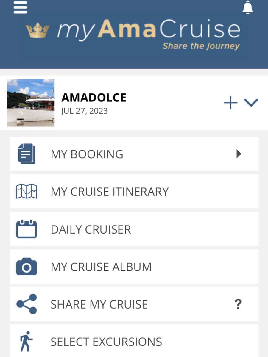 AmaWaterways mobile app screen