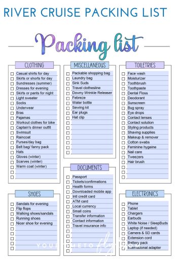 Wondering what to wear on a European river cruise? Use this printable packing list for a river cruise with a free downloadable PDF. This river cruise packing list covers what to wear for a summer or winter river cruise, what to bring for the cabin, and what to leave behind.