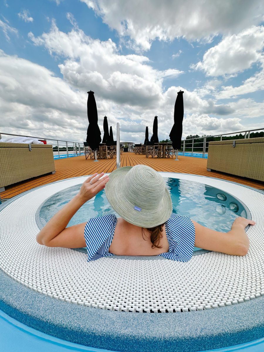 Woman in the hot tub on the AmaDolce river boat