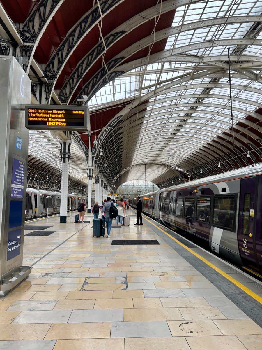 Heathrow express train on track at Paddington Station