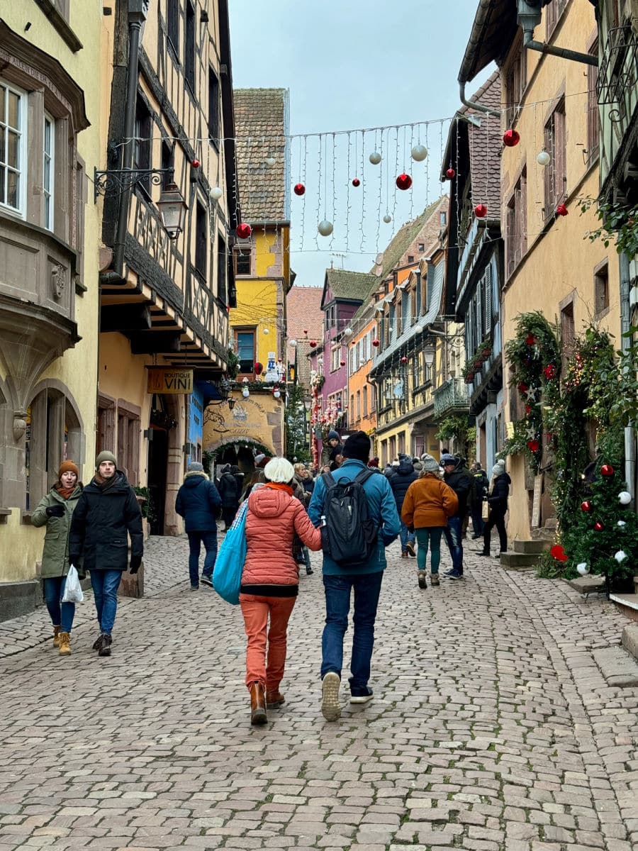 main street in Riquewihr decorated for Christmas