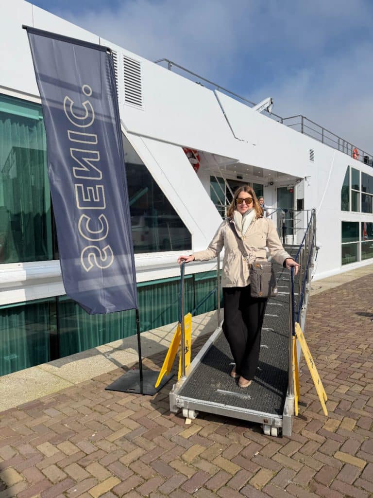 Tamara on the gangway of the Scenic Opal