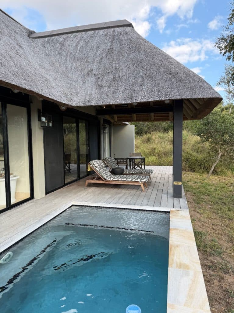 Private plunge pool and lounge chairs at Monwana Game Lodge in Thornybush Game Preserve in South Africa near Kruger National Park